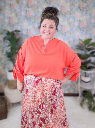 Chelsie Pull On Maxi Skirt in Orange + Fuchsia Boho-10- Bottoms Non-Denim-WHITE BIRCH-Styled by Stacked - A Plus Size Women's Boutique in Lakeville, MN