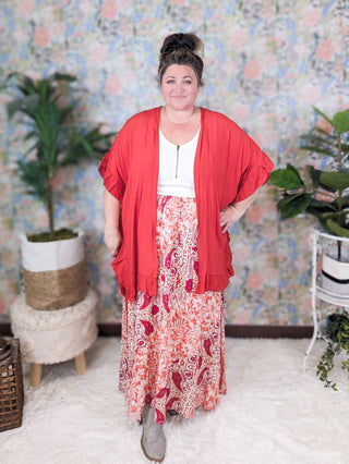 Chelsie Pull On Maxi Skirt in Orange + Fuchsia Boho-10- Bottoms Non-Denim-WHITE BIRCH-Styled by Stacked - A Plus Size Women's Boutique in Lakeville, MN