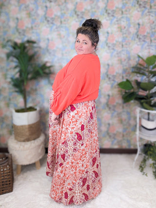 Chelsie Pull On Maxi Skirt in Orange + Fuchsia Boho-10- Bottoms Non-Denim-WHITE BIRCH-Styled by Stacked - A Plus Size Women's Boutique in Lakeville, MN