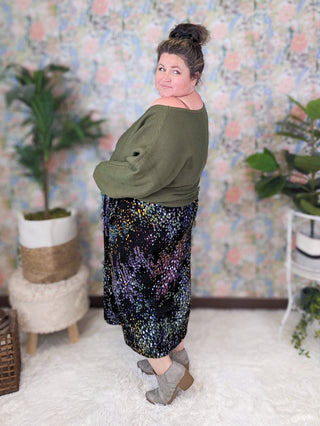 Katrina Midi Skirt in Bright Dots on Black-10- Bottoms Non-Denim-WHITE BIRCH-Styled by Stacked - A Plus Size Women's Boutique in Lakeville, MN