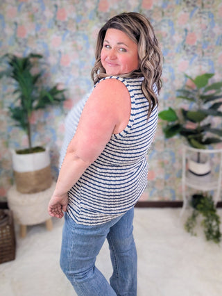Stella Sweater Knit Slit Neck Tank in Stripes-1- ShortSlv/Slvless Tops-MICHELLE MAE-Styled by Stacked - A Plus Size Women's Boutique in Lakeville, MN