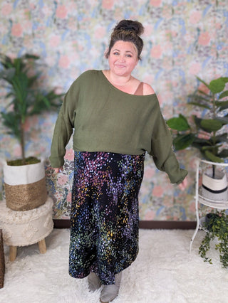 Katrina Midi Skirt in Bright Dots on Black-10- Bottoms Non-Denim-WHITE BIRCH-Styled by Stacked - A Plus Size Women's Boutique in Lakeville, MN