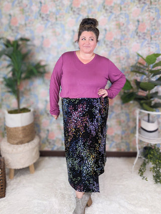 Katrina Midi Skirt in Bright Dots on Black-10- Bottoms Non-Denim-WHITE BIRCH-Styled by Stacked - A Plus Size Women's Boutique in Lakeville, MN
