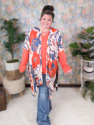 Kendall Botanical Kimono in Beige, Denim Blue + Poppy-4- Overlayer Tops-urbanista-Styled by Stacked - A Plus Size Women's Boutique in Lakeville, MN