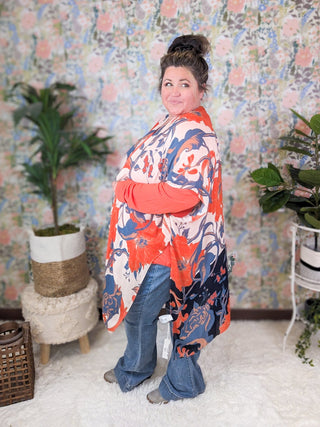 Kendall Botanical Kimono in Beige, Denim Blue + Poppy-4- Overlayer Tops-urbanista-Styled by Stacked - A Plus Size Women's Boutique in Lakeville, MN