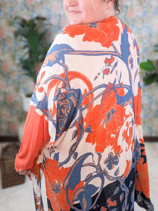 Kendall Botanical Kimono in Beige, Denim Blue + Poppy-4- Overlayer Tops-urbanista-Styled by Stacked - A Plus Size Women's Boutique in Lakeville, MN