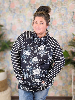 PHC- Black + White Floral Stripe Mix Zipcowl-3- Hooded Tops-MICHELLE MAE-Styled by Stacked - A Plus Size Women's Boutique in Lakeville, MN