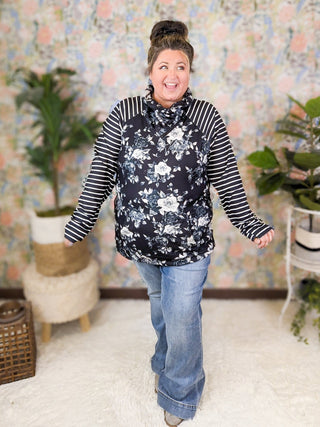 PHC- Black + White Floral Stripe Mix Zipcowl-3- Hooded Tops-MICHELLE MAE-Styled by Stacked - A Plus Size Women's Boutique in Lakeville, MN