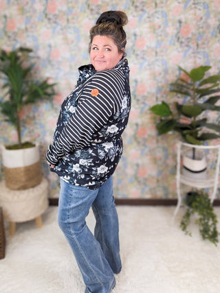 PHC- Black + White Floral Stripe Mix Zipcowl-3- Hooded Tops-MICHELLE MAE-Styled by Stacked - A Plus Size Women's Boutique in Lakeville, MN
