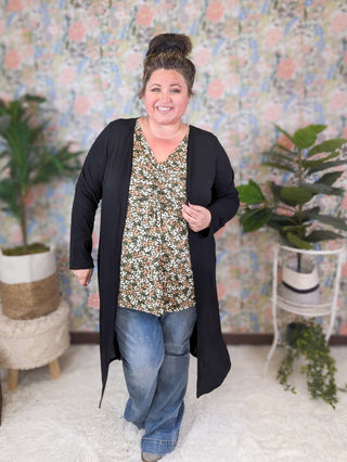 Gemma Center Cinched Babydoll Long Sleeve in Olive Floral-2- Long Sleeve Tops-BE STAGE-Styled by Stacked - A Plus Size Women's Boutique in Lakeville, MN