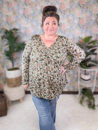 Gemma Center Cinched Babydoll Long Sleeve in Olive Floral-2- Long Sleeve Tops-BE STAGE-Styled by Stacked - A Plus Size Women's Boutique in Lakeville, MN