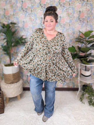 Gemma Center Cinched Babydoll Long Sleeve in Olive Floral-2- Long Sleeve Tops-BE STAGE-Styled by Stacked - A Plus Size Women's Boutique in Lakeville, MN