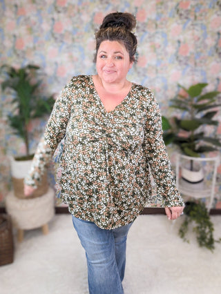 Gemma Center Cinched Babydoll Long Sleeve in Olive Floral-2- Long Sleeve Tops-BE STAGE-Styled by Stacked - A Plus Size Women's Boutique in Lakeville, MN
