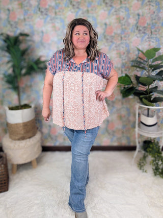 Meri Stripe Top Boho Blouse w/Floral Bottom-1- ShortSlv/Slvless Tops-HAPTICS-Styled by Stacked - A Plus Size Women's Boutique in Lakeville, MN