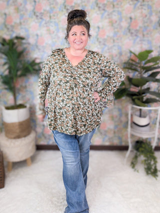 Gemma Center Cinched Babydoll Long Sleeve in Olive Floral-2- Long Sleeve Tops-BE STAGE-Styled by Stacked - A Plus Size Women's Boutique in Lakeville, MN