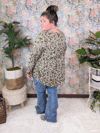 Gemma Center Cinched Babydoll Long Sleeve in Olive Floral-2- Long Sleeve Tops-BE STAGE-Styled by Stacked - A Plus Size Women's Boutique in Lakeville, MN