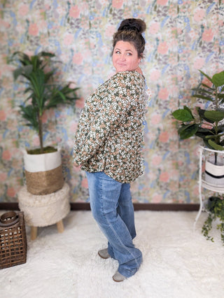 Gemma Center Cinched Babydoll Long Sleeve in Olive Floral-2- Long Sleeve Tops-BE STAGE-Styled by Stacked - A Plus Size Women's Boutique in Lakeville, MN
