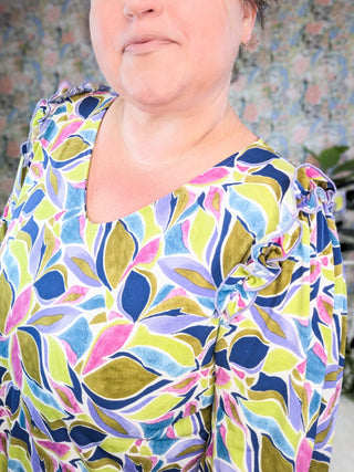 Paige V-Neck Ruffled Shoulder Long Sleeve Top in Olive Mix-2- Long Sleeve Tops-WHITE BIRCH-Styled by Stacked - A Plus Size Women's Boutique in Lakeville, MN