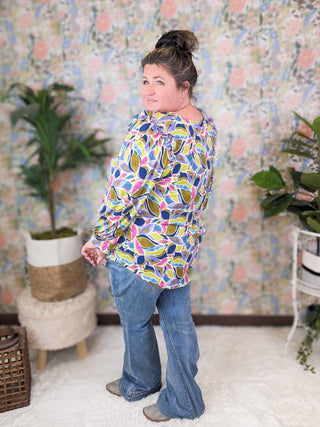 Paige V-Neck Ruffled Shoulder Long Sleeve Top in Olive Mix-2- Long Sleeve Tops-WHITE BIRCH-Styled by Stacked - A Plus Size Women's Boutique in Lakeville, MN