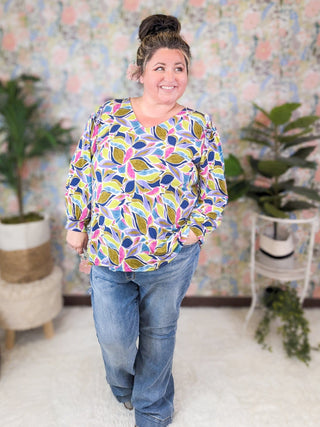 Paige V-Neck Ruffled Shoulder Long Sleeve Top in Olive Mix-2- Long Sleeve Tops-WHITE BIRCH-Styled by Stacked - A Plus Size Women's Boutique in Lakeville, MN