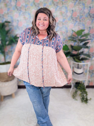 Meri Stripe Top Boho Blouse w/Floral Bottom-1- ShortSlv/Slvless Tops-HAPTICS-Styled by Stacked - A Plus Size Women's Boutique in Lakeville, MN