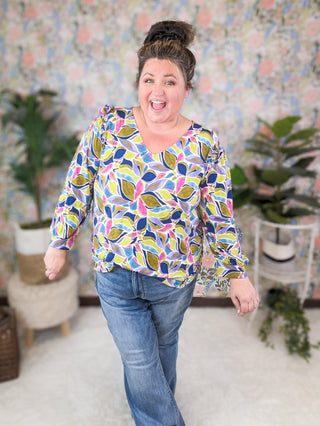 Paige V-Neck Ruffled Shoulder Long Sleeve Top in Olive Mix-2- Long Sleeve Tops-WHITE BIRCH-Styled by Stacked - A Plus Size Women's Boutique in Lakeville, MN