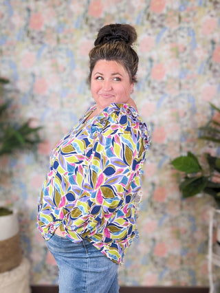 Paige V-Neck Ruffled Shoulder Long Sleeve Top in Olive Mix-2- Long Sleeve Tops-WHITE BIRCH-Styled by Stacked - A Plus Size Women's Boutique in Lakeville, MN