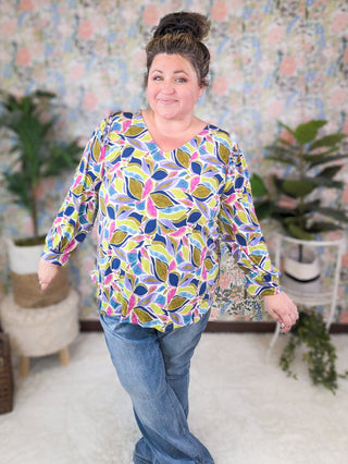 Paige V-Neck Ruffled Shoulder Long Sleeve Top in Olive Mix-2- Long Sleeve Tops-WHITE BIRCH-Styled by Stacked - A Plus Size Women's Boutique in Lakeville, MN