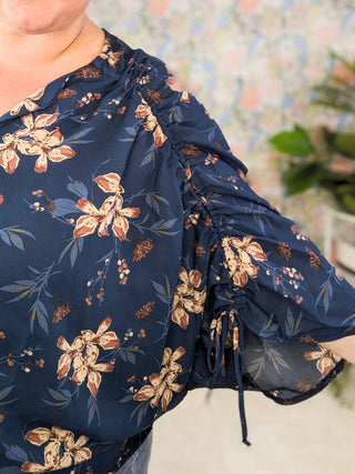 Luna Ruched 3/4 Sleeve Top in Navy Floral-2- Long Sleeve Tops-WHITE BIRCH-Styled by Stacked - A Plus Size Women's Boutique in Lakeville, MN
