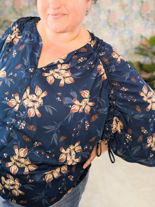 Luna Ruched 3/4 Sleeve Top in Navy Floral-2- Long Sleeve Tops-WHITE BIRCH-Styled by Stacked - A Plus Size Women's Boutique in Lakeville, MN