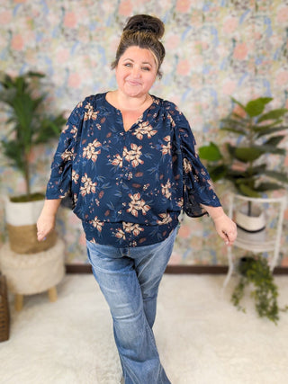 Luna Ruched 3/4 Sleeve Top in Navy Floral-2- Long Sleeve Tops-WHITE BIRCH-Styled by Stacked - A Plus Size Women's Boutique in Lakeville, MN
