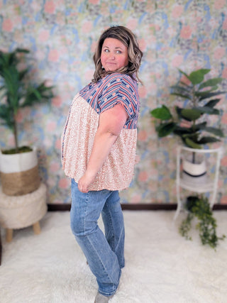 Meri Stripe Top Boho Blouse w/Floral Bottom-1- ShortSlv/Slvless Tops-HAPTICS-Styled by Stacked - A Plus Size Women's Boutique in Lakeville, MN