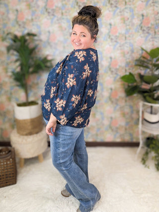 Luna Ruched 3/4 Sleeve Top in Navy Floral-2- Long Sleeve Tops-WHITE BIRCH-Styled by Stacked - A Plus Size Women's Boutique in Lakeville, MN