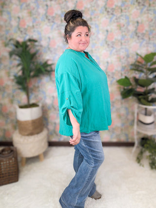 Neve Notched Neck 3/4 Sleeve Blouse w/Button Sleeves (2 Colors)-1- ShortSlv/Slvless Tops-WHITE BIRCH-Styled by Stacked - A Plus Size Women's Boutique in Lakeville, MN