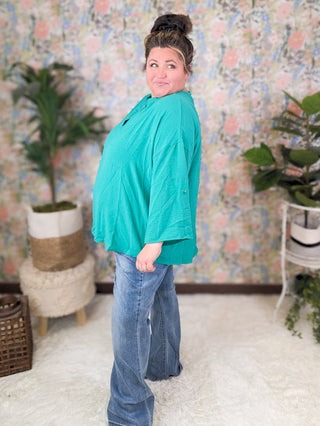 Neve Notched Neck 3/4 Sleeve Blouse w/Button Sleeves (2 Colors)-1- ShortSlv/Slvless Tops-WHITE BIRCH-Styled by Stacked - A Plus Size Women's Boutique in Lakeville, MN