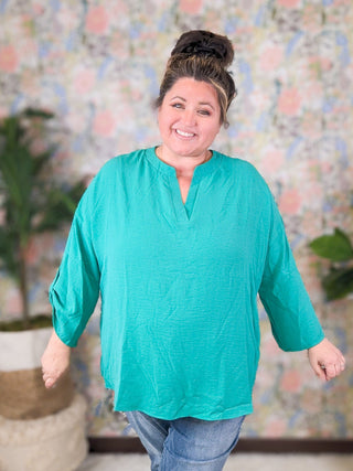 Neve Notched Neck 3/4 Sleeve Blouse w/Button Sleeves (2 Colors)-1- ShortSlv/Slvless Tops-WHITE BIRCH-Styled by Stacked - A Plus Size Women's Boutique in Lakeville, MN