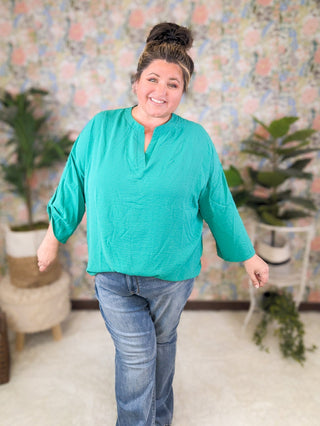 Neve Notched Neck 3/4 Sleeve Blouse w/Button Sleeves (2 Colors)-1- ShortSlv/Slvless Tops-WHITE BIRCH-Styled by Stacked - A Plus Size Women's Boutique in Lakeville, MN