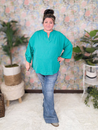 Neve Notched Neck 3/4 Sleeve Blouse w/Button Sleeves (2 Colors)-1- ShortSlv/Slvless Tops-WHITE BIRCH-Styled by Stacked - A Plus Size Women's Boutique in Lakeville, MN