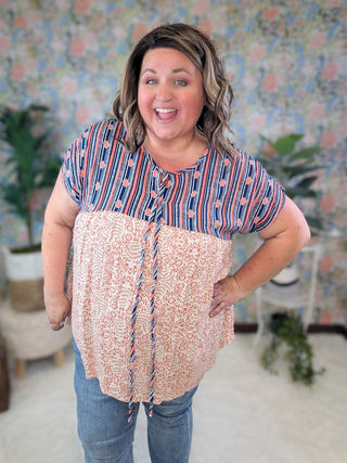 Meri Stripe Top Boho Blouse w/Floral Bottom-1- ShortSlv/Slvless Tops-HAPTICS-Styled by Stacked - A Plus Size Women's Boutique in Lakeville, MN