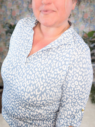 Avril Slit Neck Collared 3/4 Sleeve Top in Blue Animal Print-1- ShortSlv/Slvless Tops-HEIMISH-Styled by Stacked - A Plus Size Women's Boutique in Lakeville, MN