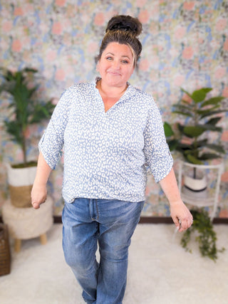 Avril Slit Neck Collared 3/4 Sleeve Top in Blue Animal Print-1- ShortSlv/Slvless Tops-HEIMISH-Styled by Stacked - A Plus Size Women's Boutique in Lakeville, MN