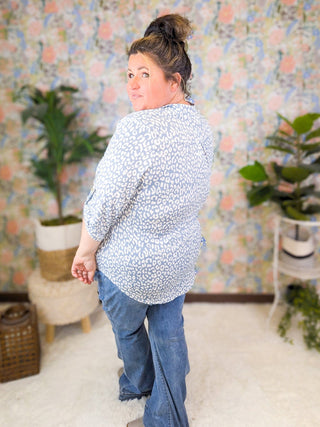 Avril Slit Neck Collared 3/4 Sleeve Top in Blue Animal Print-1- ShortSlv/Slvless Tops-HEIMISH-Styled by Stacked - A Plus Size Women's Boutique in Lakeville, MN