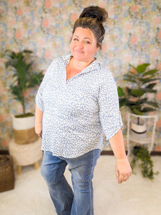 Avril Slit Neck Collared 3/4 Sleeve Top in Blue Animal Print-1- ShortSlv/Slvless Tops-HEIMISH-Styled by Stacked - A Plus Size Women's Boutique in Lakeville, MN