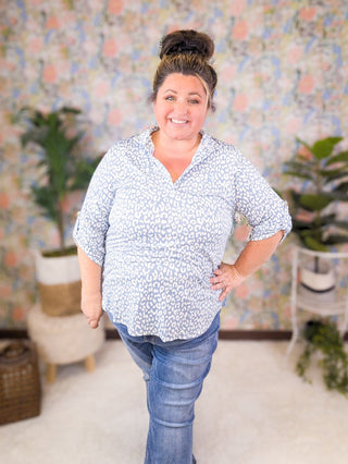 Avril Slit Neck Collared 3/4 Sleeve Top in Blue Animal Print-1- ShortSlv/Slvless Tops-HEIMISH-Styled by Stacked - A Plus Size Women's Boutique in Lakeville, MN