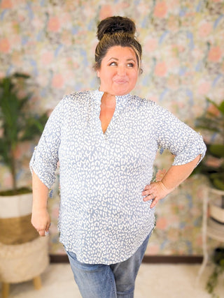 Avril Slit Neck Collared 3/4 Sleeve Top in Blue Animal Print-1- ShortSlv/Slvless Tops-HEIMISH-Styled by Stacked - A Plus Size Women's Boutique in Lakeville, MN