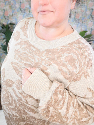 Ada Crewneck Sweater in Taupe Roses-2- Long Sleeve Tops-WHITE BIRCH-Styled by Stacked - A Plus Size Women's Boutique in Lakeville, MN