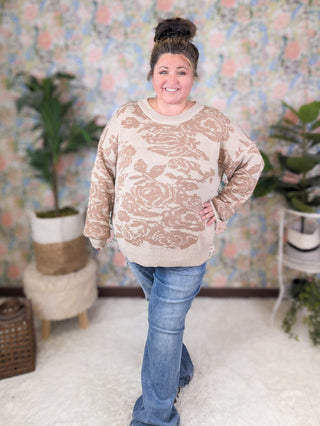 Ada Crewneck Sweater in Taupe Roses-2- Long Sleeve Tops-WHITE BIRCH-Styled by Stacked - A Plus Size Women's Boutique in Lakeville, MN