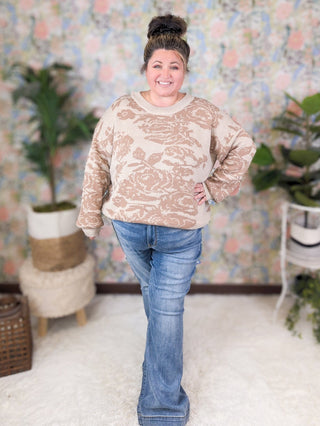 Ada Crewneck Sweater in Taupe Roses-2- Long Sleeve Tops-WHITE BIRCH-Styled by Stacked - A Plus Size Women's Boutique in Lakeville, MN