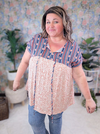 Meri Stripe Top Boho Blouse w/Floral Bottom-1- ShortSlv/Slvless Tops-HAPTICS-Styled by Stacked - A Plus Size Women's Boutique in Lakeville, MN