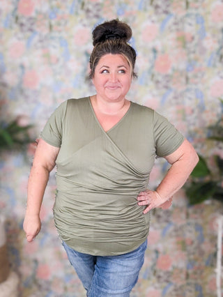 Shiloh Surplice Wrap Short Sleeve Top w/Ruched Texture-1- ShortSlv/Slvless Tops-HEIMISH-Styled by Stacked - A Plus Size Women's Boutique in Lakeville, MN